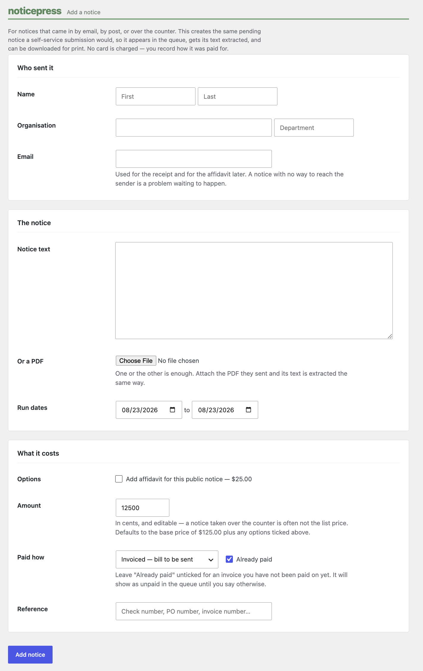 Adding a manual notice in NoticePress