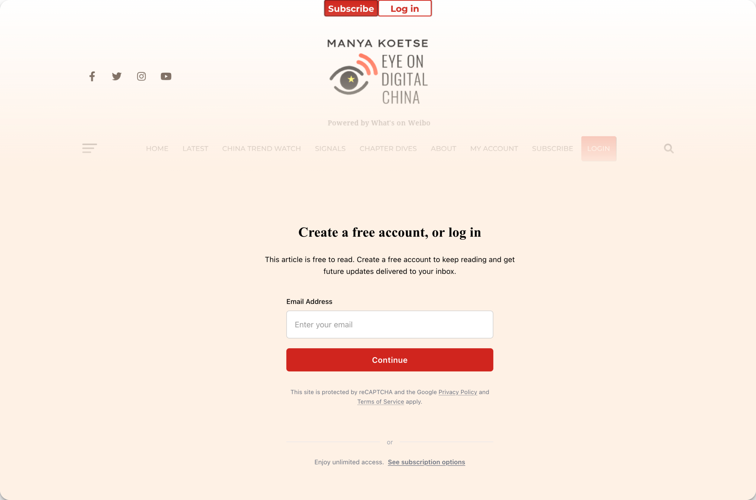 Registration wall shown over an article