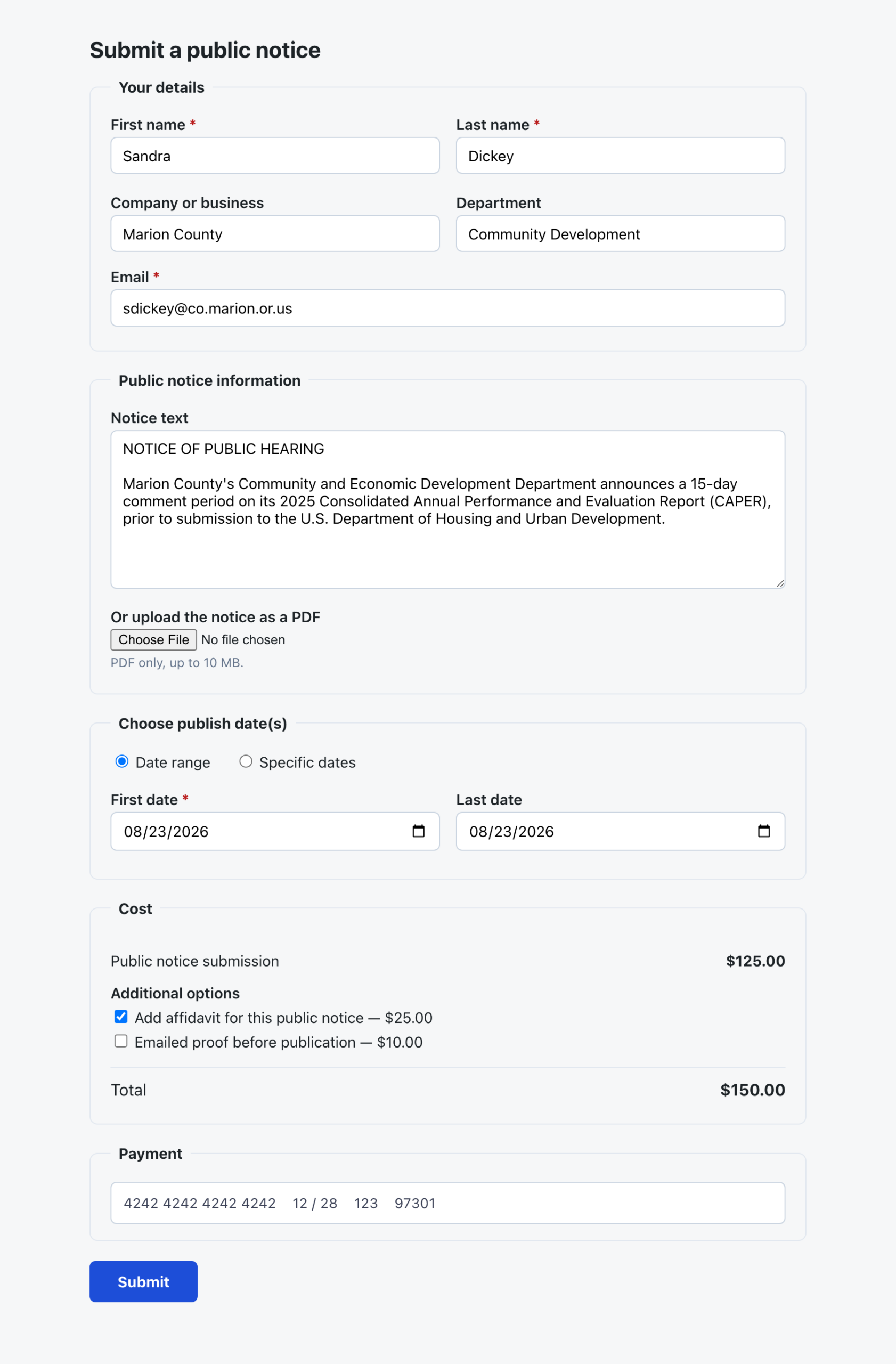NoticePress public notice submission form