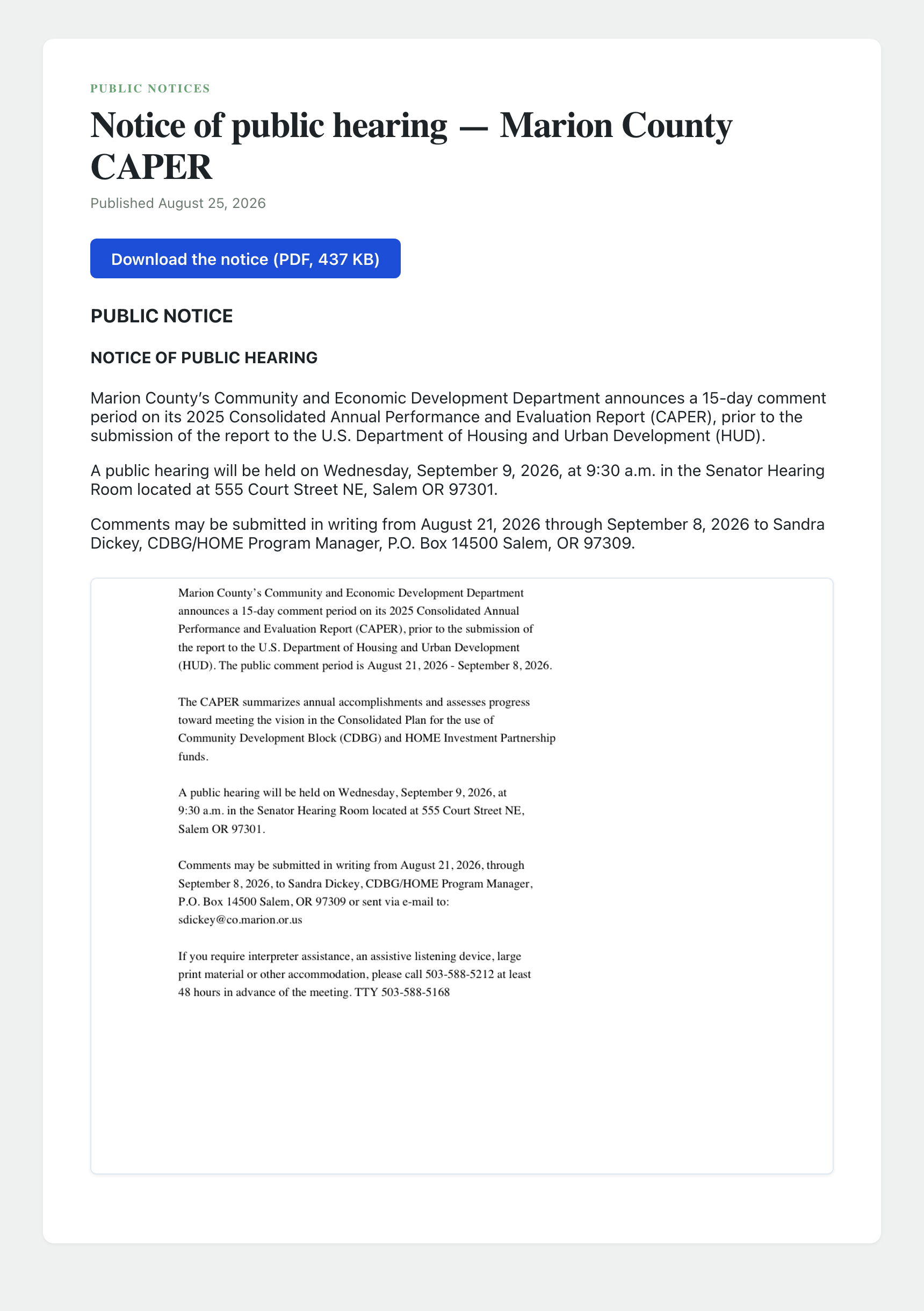 A published public notice on the front end