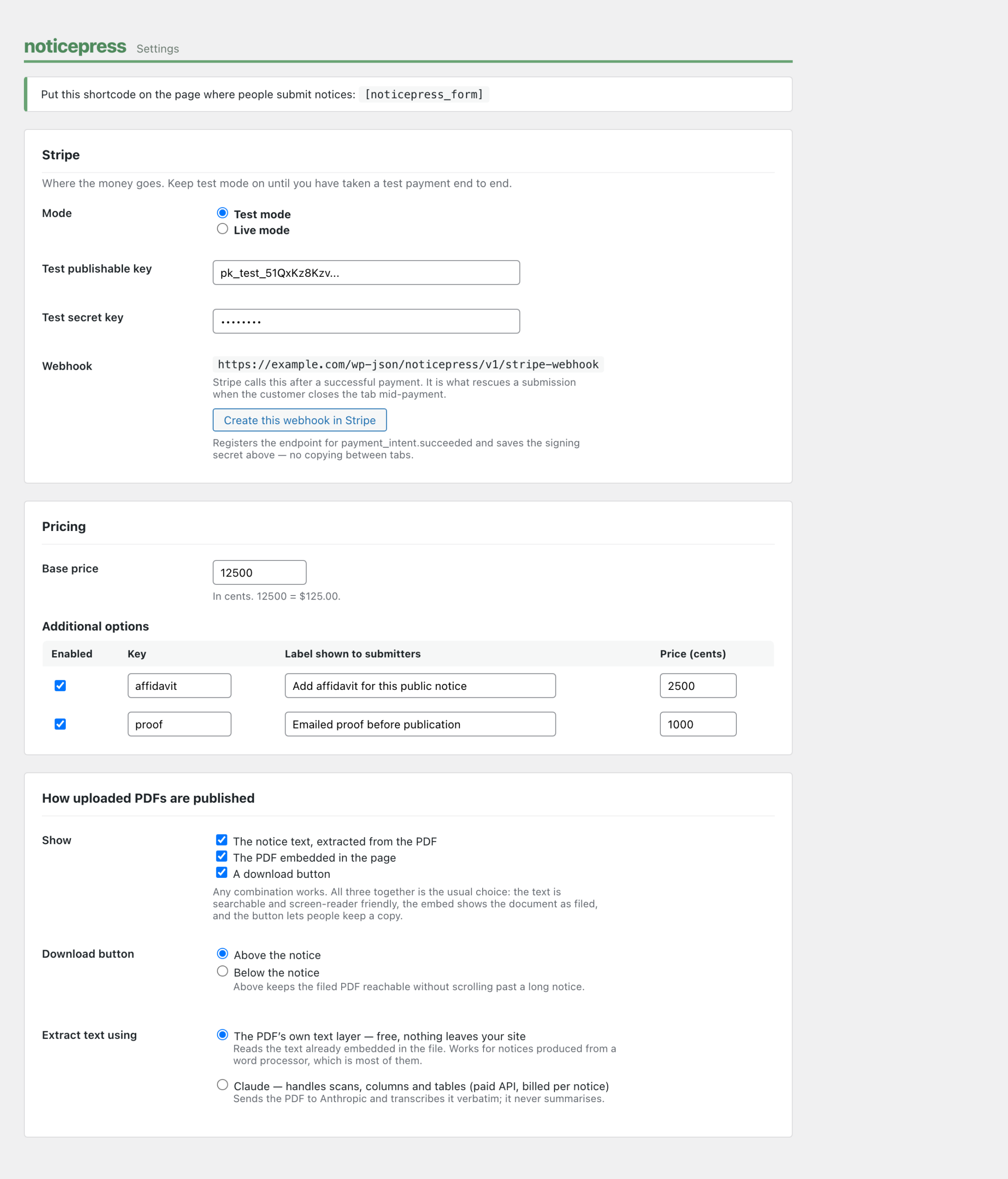 NoticePress settings screen